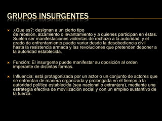 GRUPOS INSURGENTES 
 ¿Que es?: designan a un cierto tipo 
de rebelión, alzamiento o levantamiento y a quienes participan en éstas. 
Suelen ser manifestaciones violentas de rechazo a la autoridad, y el 
grado de enfrentamiento puede variar desde la desobediencia civil 
hasta la resistencia armada y las revoluciones que pretenden deponer a 
la autoridad establecida. 
 Función: El insurgente puede manifestar su oposición al orden 
imperante de distintas formas. 
 Influencia: está protagonizada por un actor o un conjunto de actores que 
se enfrentan de manera organizada y prolongada en el tiempo a la 
autoridad política establecida (sea nacional o extranjera), mediante una 
estrategia efectiva de movilización social y con un empleo sustantivo de 
la fuerza. 
 