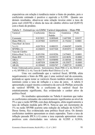 Economia e Desenvolvimento, Recife (PE), v. 12, nº 1, 2013 91
expectativas em relação à tendência maior o hiato do produto, pois o
coeficiente estimado é positivo e equivale a 0,1399. Quanto aos
demais resultados, observa-se uma relação inversa entre a taxa de
juros real (-0,0170) e direta da taxa de câmbio efetiva real (0,0515)
com o hiato do produto.
Tabela 5 – Estimativas via GMM: Variável dependente – Hiato PIB
Variável Coeficiente Desvio
Padrão
Estatística
t
Prob.
Constante 0.013821 0.005648 2.447308 0.0157
Hiato PIB (-1) -0.247882 0.059355 -4.176262 0.0001
Taxa Real de Juros
% (-1) -0.017014 0.008323 -2.044207 0.0430
SP/PIB (-1) -0.246833 0.027268 -9.052072 <0.0001
Taxa de Câmbio
Efetiva Real % (-1) 0.051594 0.019256 2.679403 0.0083
Hiato IEC 0.139970 0.030332 4.614656 <0.0001
AR(1) 1.056175 0.050090 21.08544 <0.0001
AR(2) -0.487434 0.046199 -10.55077 <0.0001
AR (8) -0.189443 0.026747 -7.082719 <0.0001
Fonte: Elaborada pelos autores. Instrumentos: Hiato PIB (-2 a -6), SELIC (-2
a -6), SP/PIB (-2 a -6), Taxa de Câmbio Real Efetiva (-2 a -6).
Uma vez confirmado que a variável fiscal, SP/PIB, afeta
negativamente o hiato do PIB, que é uma variável real da economia,
pretende-se agora testar se variáveis fiscais também afetam variáveis
nominais como a taxa de inflação e a taxa de juros. A tabela 6
apresentada a seguir mostra a estimativa da curva de Phillips acrescida
da variável SP/PIB. Se o coeficiente da variável fiscal for
estatisticamente significante, fica evidenciado o caráter ativo da
política fiscal.
Os resultados apresentados na Tabela 6 mostram que todos
os coeficientes estimados são estatisticamente significantes ao nível de
5% e que a razão SP/PIB, com duas defasagens, afeta negativamente a
taxa de inflação medida pelo IPCA. Nota-se que um incremento de
1% na razão SP/PIB acarreta uma redução da inflação de 0,3627%.
Dessa forma, fica evidenciada uma política fiscal ativa. Os demais
coeficientes também apresentam os sinais esperados. Tanto a taxa de
inflação passada IPCA (-1) como a taxa esperada apresentam sinais
positivos com elasticidades nos valores de 0,3205 e 0,3816,
 