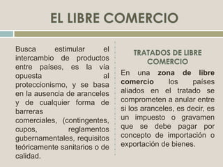 Busca estimular el
intercambio de productos
entre países, es la vía
opuesta al
proteccionismo, y se basa
en la ausencia de aranceles
y de cualquier forma de
barreras
comerciales, (contingentes,
cupos, reglamentos
gubernamentales, requisitos
teóricamente sanitarios o de
calidad.
En una zona de libre
comercio los países
aliados en el tratado se
comprometen a anular entre
si los aranceles, es decir, es
un impuesto o gravamen
que se debe pagar por
concepto de importación o
exportación de bienes.
 