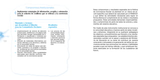 Estos compromisos y resultados esperados de la Política
         Implementar estrategias de información, acogida y orientación
     4   para la solución de conflictos que se refieran a la convivencia
         escolar
                                                                                de Convivencia Escolar se plantean en un marco de ac-
                                                                                ción específico que deberá ser ejecutado por el MINEDUC
                                                                                y que define las actividades necesarias para lograr en
                                                                                forma efectiva el cumplimiento de las metas o resultados
                                                                                propuestos. Estas actividades demandan responsabilida-
                                                                                des y compromisos de parte de todos los actores y esta-
     Materiales y Acciones                                                      mentos del sistema educativo.
     que desarrollará el Mineduc                     Resultados
     para las Comunidades Escolares                  esperados                  Por medio de este instrumento institucional se convoca a
                                                                                la comunidad educativa a hacerse parte de estas iniciati-
     •   Implementación de centros de atención       •   Los actores de las
         presenciales, telefónicos y en página web       comunidades educa-     vas y esfuerzos, integrando en su quehacer pedagógico
         que permitan recoger necesidades de in-         tivas reciben infor-   los objetivos y procedimientos que llevarán a los resulta-
         formación o inquietudes y reclamos por          mación, orientación    dos esperados aquí propuestos. Los establecimientos edu-
         conflictos producidos en la comunidad es-       y atención oportuna    cacionales cuentan con el apoyo y asistencia del Ministe-
         colar.                                          que permita asegu-
                                                                                rio de Educación en su tarea de contribuir de manera
98   •   Difusión de materiales informativos con
         temas referidos a los derechos y deberes
                                                         rar el resguardo del
                                                         derecho a la educa-    consciente y entusiasta a la generación de estilos de con-
         de la comunidad escolar.                        ción.                  vivencia escolar que promuevan los valores y habilidades
     •   Articulación de redes de apoyo que per-                                sociales a que nos hemos referido, y que constituyen fac-
         mitan contribuir a la acogida y solución
                                                                                tores esenciales en la formación de los ciudadanos del
         de problemas de convivencia suscitados
         en la comunidad escolar.                                               futuro.
     •   Difundir información sobre modalidades
         adecuadas para abordar conflictos rela-
         cionados con la convivencia escolar.
 
