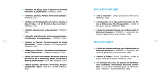 • «Cartillas de Apoyo para la Gestión de Centros       EDUCACIÓN PARVULARIA
        de Padres y Apoderados». MINEDUC. 1998.

      • «Criterios para una Política de Transversalidad».    • «Ser y Convivir». Unidad de Educación Parvularia,
        MINEDUC. 2001.                                         MINEDUC. 2000.

      • «Política de Participación de Padres, Madres y       • «Integración en la Educación Parvularia de Ni-
        Apoderados en el Sistema Educacional» .                ños y Niñas Con y Sin Discapacidad». Unidad de
        MINEDUC. 2001.                                         Educación Especial. MINEDUC. 2002.

      • «Política de Educación en Sexualidad». MINEDUC.      • «Guías de Autoaprendizaje para la Educación en
        2001.                                                  Derechos Humanos». MINEDUC - Corporación Na-
                                                               cional de Reparación y Reconciliación. 1996.
      • «Derecho a la Educación y Convivencia Escolar -
        Conclusiones y Compromisos». MINEDUC. 2001.

104   • «Crecer en Familia. Fortalecimiento de Roles         EDUCACIÓN BÁSICA                                            105
        Parentales». Unidad de Apoyo a la Transversalidad.
        MINEDUC. 2002.
                                                             • «Guías de Autoaprendizaje para la Educación en
      • «Ideas para Elaborar y Fortalecer los Reglamen-        Derechos Humanos». MINEDUC - Corporación Na-
        tos de Convivencia». Línea 600. MINEDUC. 2002.         cional de Reparación y Reconciliación. 1996.

      • «Guía para las Comunidades Escolares sobre la        • «Marori y Tutibú». Primer Ciclo Básico. Unidad de
        Prevención de la Violencia y Abuso en los Niños,       Apoyo a la Transversalidad. MINEDUC. 1999.
        Niñas y Adolescentes». Línea 600. MINEDUC. 2002.
                                                             • «El Consejo de Curso: Un espacio de Participa-
      • «Set de Cartillas Educación: Derechos y Respon-        ción Ciudadana. Resolviendo Nuestros Conflic-
        sabilidad de Todos». Línea 600 - UNICEF. MINEDUC.      tos». 2° Ciclo Básico. Unidad de Apoyo a la Transversa-
        2002.                                                  lidad. MINEDUC - ACHNU PRODENI. 1998.
 