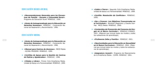 EDUCACIÓN BÁSICA RURAL                                   • «Cable a Tierra». Segundo Ciclo Enseñanza Media.
                                                                 Unidad de Apoyo a la Transversalidad. MINEDUC. 1999.

      • «Recomendaciones Generales para los Encuen-            • «Cartilla: Resolución de Conflictos». MINEDUC.
        tros de Familia - Escuela y Comunidad Rural».            2000.
        Programa de Educación Rural. MINEDUC. 1999.
                                                               • «Ser y Conocer. Los Objetivos Transversales en
      • «Guías de Autoaprendizaje para la Educación en           el Curriculum». Abraham Magendzo y Claudia Due-
        Derechos Humanos». MINEDUC - Corporación Na-             ñas. MECE Media. MINEDUC. 2000.
        cional de Reparación y Reconciliación. 1996.
                                                               • «Contenidos de Prevención del Consumo de Dro-
                                                                 gas en el Marco Curricular». MINEDUC-CONACE.
                                                                 2001. (Material que incluye todos los niveles y todos
      EDUCACIÓN MEDIA                                            los subsectores de aprendizaje).

                                                               • «Profesores Jefes y Familia». MINEDUC. 2001.
108   • «Guías de Autoaprendizaje para la Educación en
                                                                                                                            109
        Derechos Humanos». MINEDUC - Corporación Na-           • «Oportunidades para la Educación en Sexualidad
        cional de Reparación y Reconciliación. 1996.             en el Nuevo Curriculum». MINEDUC. 2002. (Mate-
                                                                 rial que incluye todos los niveles y todos los subsecto-
      • «Manual para Centros de Alumnos». MECE Media             res de aprendizaje).
        - ACHNU PRODENI. MINEDUC. 1999.
                                                               • «Asignatura Juvenil». Programa de Mejoramiento
      • «Cartillas de Apoyo para la Gestión de Centros           de la Enseñanza Media - CIDPA. MINEDUC. 2001.
        de Padres y Apoderados». MINEDUC. 1998.

      • «Vitales y Libres». Primer Ciclo Enseñanza Media.
        Unidad de Apoyo a la Transversalidad. MINEDUC. 1999.
 