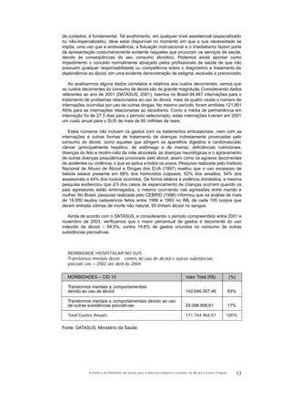 de cuidados, é fundamental. Tal acolhimento, em qualquer nível assistencial (especializado
ou não-especializado), deve estar disponível no momento em que a sua necessidade se
impõe, uma vez que a ambivalência, a flutuação motivacional e o imediatismo fazem parte
da apresentação costumeiramente evidente naqueles que procuram os serviços de saúde,
devido às conseqüências do seu consumo alcoólico. Podemos ainda apontar como
impedimento o conceito normalmente abraçado pelos profissionais de saúde de que não
possuem qualquer responsabilidade ou competência sobre o diagnóstico e tratamento da
dependência ao álcool, em uma evidente demonstração de estigma, exclusão e preconceito.
Ao analisarmos alguns dados correlatos e relativos aos custos decorrentes, vemos que
os custos decorrentes do consumo de álcool são de grande magnitude. Considerando dados
referentes ao ano de 2001 (DATASUS, 2001), tivemos no Brasil 84.467 internações para o
tratamento de problemas relacionados ao uso do álcool, mais de quatro vezes o número de
internações ocorridas por uso de outras drogas. No mesmo período, foram emitidas 121.901
AIHs para as internações relacionadas ao alcoolismo. Como a média de permanência em
internação foi de 27,3 dias para o período selecionado, estas internações tiveram em 2001
um custo anual para o SUS de mais de 60 milhões de reais.
Estes números não incluem os gastos com os tratamentos ambulatoriais, nem com as
internações e outras formas de tratamento de doenças indiretamente provocadas pelo
consumo do álcool, como aquelas que atingem os aparelhos digestivo e cardiovascular,
câncer (principalmente hepático, de estômago e de mama), deficiências nutricionais,
doenças do feto e recém-nato da mãe alcoolista, as doenças neurológicas e o agravamento
de outras doenças psiquiátricas provocado pelo álcool, assim como os agravos decorrentes
de acidentes ou violência, o que se aplica a todos os povos. Pesquisa realizada pelo Instituto
Nacional de Abuso de Álcool e Drogas dos EUA (1997) revelou que o uso excessivo de
bebida estava presente em 68% dos homicídios culposos, 62% dos assaltos, 54% dos
assassinato e 44% dos roubos ocorridos. De forma relativa à violência doméstica, a mesma
pesquisa evidenciou que 2/3 dos casos de espancamento de crianças ocorrem quando os
pais agressores estão embriagados, o mesmo ocorrendo nas agressões entre marido e
mulher. No Brasil, pesquisa realizada pelo CEBRID (1996) informou que na análise de mais
de 19.000 laudos cadavéricos feitos entre 1986 e 1993 no IML de cada 100 corpos que
deram entrada vítimas de morte não natural, 95 tinham álcool no sangue.
Ainda de acordo com o DATASUS, e considerando o período compreendido entre 2001 e
novembro de 2003, verificamos que o maior percentual de gastos é decorrente do uso
indevido de álcool – 84,5%; contra 14,6% de gastos oriundos no consumo de outras
substâncias psicoativas.
MORBIDADE HOSPITALAR NO SUS
Transtornos mentais decor rentes do uso de álcool e outras substâncias
psicoati vas – 2002 até abril de 2004
MORBIDADES – CID 10 Valor Total (R$) (%)
Transtornos mentais e comportamentais
devido ao uso de álcool 142.646.007,46 83%
Transtornos mentais e comportamentais devido ao uso
de outras substâncias psicoativas 29.098.956,61 17%
Total Gastos Anuais 171.744.964,07 100%
Fonte: DATASUS, Ministério da Saúde.
17A Política do Ministério da Saúde para a Atenção Integral a Usuários de Álcool e outras Drogras
 