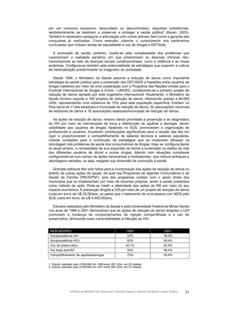 por um consumo excessivo, descuidado ou descontrolado, daquelas substâncias,
verdadeiramente se destinam a preservar e proteger a saúde pública" (Karan, 2003).
Também é necessário assegurar a articulação com outros setores, bem como a garantia das
conquistas já realizadas. Como exemplo, citamos o cumprimento dos parâmetros
curriculares que incluem temas de sexualidade e uso de drogas e DST/Aids.
A promoção da saúde, portanto, impõe-se pela complexidade dos problemas que
caracterizam a realidade sanitária, em que predominam as doenças crônicas não-
transmissíveis ao lado de doenças sociais contemporâneas, como a violência e as novas
endemias. Configura-se também pela potencialidade de estratégias que superem a cultura
da medicalização predominante no imaginário da sociedade.
Desde 1994, o Ministério da Saúde assume a redução de danos como importante
estratégia de saúde pública para a prevenção das DST/AIDS e hepatites entre usuários de
drogas injetáveis por meio de uma cooperação com o Programa das Nações Unidas para o
Controle Internacional de Drogas e Crime – UNODC, constituindo-se o primeiro projeto de
redução de danos apoiado por este organismo internacional. Atualmente, o Ministério da
Saúde fornece suporte a 160 projetos de redução de danos, oferecendo acesso a 84.000
UDIs, representando uma cobertura de 10% para esta população específica. Existem no
País cerca de 11 leis estaduais e municipais de redução de danos, 02 associações nacionais
de redutores de danos e 16 associações estaduais/municipais de redução de danos.
As ações de redução de danos, mesmo dando prioridade à prevenção e ao diagnóstico
do HIV por meio de intervenções de troca e distribuição de agulhas e seringas, deram
visibilidade aos usuários de drogas injetáveis no SUS, promoveram a organização de
profissionais e usuários, trouxeram contribuições significativas para a revisão das leis em
vigor e proporcionaram o compartilhamento de saberes técnicos e saberes populares,
criando condições para a construção de estratégias que se mostraram eficazes na
abordagem dos problemas de saúde dos consumidores de drogas. Hoje se configura,diante
do atual cenário, a necessidade de sua expansão de forma a contemplar os estilos de vida
dos diferentes usuários de álcool e outras drogas, lidando com situações complexas
configurando-se num campo de ações transversais e multisetoriais, que misture enfoques e
abordagens variadas, ou seja, resgatar sua dimensão de promoção à saúde.
Grandes esforços têm sido feitos para a incorporação das ações de redução de danos no
âmbito de outras ações de saúde, tal qual nos Programas de Agentes Comunitários e de
Saúde da Família (PACS/PSF), pois tais programas contam com o apoio direto dos
municípios que os implementam por meio de recursos próprios, tendo a saúde preventiva
como método de ação. Pode-se medir a efetividade das ações de RD por meio do seu
impacto econômico. A prevenção dirigida a UDI por meio de um projeto de redução de danos
custa em torno de U$ 29,00/ano, ao passo que o tratamento de uma pessoa com AIDS pelo
SUS custa em torno de U$ 4.000,00/ano.
Estudos realizados pelo Ministério da Saúde e pela Universidade Federal de Minas Gerais
nos anos de 1999 e 2001 demonstram que as ações de redução de danos dirigidas a UDI
promovem a mudança de comportamentos de injeção compartilhada e o uso do
preservativo, diminuindo suas vulnerabilidades à infecção ao HIV:
31A Política do Ministério da Saúde para a Atenção Integral a Usuários de Álcool e outras Drogras
INDICADORES
Soroprevalência HIV
Soroprevalência HCV
Uso do preservativo
Fez teste anti-HIV
Compartilhamento de agulhas/seringas
1- Estudo realizado pela UFMG/MS em 1999,entre 287 UDIs, em 05 cidades.
2- Estudo realizado pela UFMG/MS em 2001,entre 859 UDIs, em 07 cidades.
19991
52%
60%
42,1%
52%
70%
20012
36,5%
56,4%
62,9%
66,4%
40,6%
 