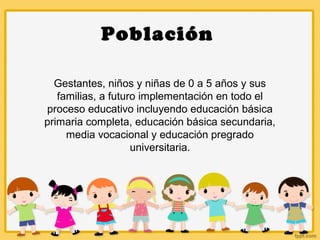 Población
Gestantes, niños y niñas de 0 a 5 años y sus
familias, a futuro implementación en todo el
proceso educativo incluyendo educación básica
primaria completa, educación básica secundaria,
media vocacional y educación pregrado
universitaria.
 