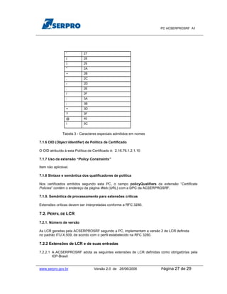 PC ACSERPROSRF A1




                 '           27
                 (           28
                 )           29
                 *           2A
                 +           2B
                 ,           2C
                 -           2D
                 .           2E
                 /           2F
                 :           3A
                 ;           3B
                 =           3D
                 ?           3F
                 @           40
                            5C


               Tabela 3 - Caracteres especiais admitidos em nomes

7.1.6 OID (Object Identifier) de Política de Certificado

O OID atribuído à esta Política de Certificado é: 2.16.76.1.2.1.10

7.1.7 Uso da extensão “Policy Constraints”

Item não aplicável.

7.1.8 Sintaxe e semântica dos qualificadores de política

Nos certificados emitidos segundo esta PC, o campo policyQualifiers da extensão “Certificate
Policies” contém o endereço da página Web (URL) com a DPC da ACSERPROSRF.

7.1.9. Semântica de processamento para extensões críticas

Extensões críticas devem ser interpretadas conforme a RFC 3280.

7.2. PERFIL DE LCR

7.2.1. Número de versão

As LCR geradas pela ACSERPROSRF segundo a PC, implementam a versão 2 de LCR definida
no padrão ITU X.509, de acordo com o perfil estabelecido na RFC 3280.

7.2.2 Extensões de LCR e de suas entradas

7.2.2.1 A ACSERPROSRF adota as seguintes extensões de LCR definidas como obrigatórias pela
        ICP-Brasil:


www.serpro.gov.br                  Versão 2.0 de 26/06/2006           Página   27 de 29
 