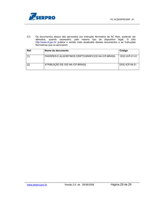 PC ACSERPROSRF A1




9.2.   Os documentos abaixo são aprovados por Instrução Normativa da AC Raiz, podendo ser
       alterados, quando necessário, pelo mesmo tipo de dispositivo legal. O sítio
       http://www.iti.gov.br publica a versão mais atualizada desses documentos e as Instruções
       Normativas que os aprovaram.

Ref.           Nome do documento                                                  Código

[1]            PADRÕES E ALGORITMOS CRIPTOGRÁFICOS NA ICP-BRASIL                  DOC-ICP-01.01


[2]            ATRIBUIÇÃO DE OID NA ICP-BRASIL                                    DOC-ICP-04.01




www.serpro.gov.br               Versão 2.0 de 26/06/2006                 Página   29 de 29
 