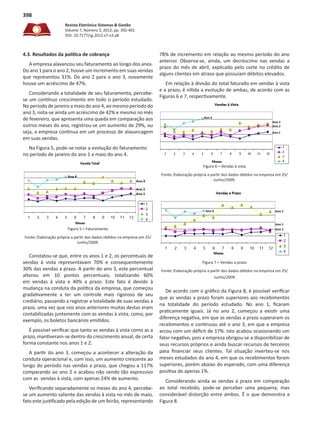 Revista Eletrônica Sistemas & Gestão
Volume 7, Número 3, 2012, pp. 392-401
DOI: 10.7177/sg.2012.v7.n3.a8
398
4.3. Resultados da política de cobrança
A empresa alavancou seu faturamento ao longo dos anos.
Do ano 1 para o ano 2, houve um incremento em suas vendas
que representou 31%. Do ano 2 para o ano 3, novamente
houve um acréscimo de 47%.
Considerando a totalidade de seu faturamento, percebe-
se um contínuo crescimento em todo o período estudado.
No período de janeiro a maio do ano 4, ao mesmo período do
ano 3, nota-se ainda um acréscimo de 42% e mesmo no mês
de fevereiro, que apresenta uma queda em comparação aos
outros meses do ano, registrou-se um aumento de 29%, ou
seja, a empresa continua em um processo de alavancagem
em suas vendas.
Na Figura 5, pode-se notar a evolução do faturamento
no período de janeiro do ano 1 a maio do ano 4.
Figura 5 – Faturamento
Fonte: Elaboração própria a partir dos dados obtidos na empresa em 25/
Junho/2009.
Constatou-se que, entre os anos 1 e 2, os percentuais de
vendas à vista representavam 70% e consequentemente
30% das vendas a prazo. A partir do ano 3, este percentual
alterou em 10 pontos percentuais, totalizando 60%
em vendas à vista e 40% a prazo. Este fato é devido à
mudança na conduta da política da empresa, que começou
gradativamente a ter um controle mais rigoroso de seu
crediário, passando a registrar a totalidade de suas vendas a
prazo, uma vez que nos anos anteriores muitas destas eram
contabilizadas juntamente com as vendas à vista, como, por
exemplo, os boletos bancários emitidos.
É possível verificar que tanto as vendas à vista como as a
prazo, mantiveram-se dentro do crescimento anual, de certa
forma constante nos anos 1 e 2.
A partir do ano 3, começou a acontecer a alteração da
conduta operacional e, com isso, um aumento crescente ao
longo do período nas vendas a prazo, que chegou a 117%
comparando ao ano 2 e acabou não sendo tão expressivo
com as vendas à vista, com apenas 24% de aumento.
Verificando separadamente os meses do ano 4, percebe-
se um aumento saliente das vendas à vista no mês de maio,
fato este justificado pela edição de um feirão, representando
78% de incremento em relação ao mesmo período do ano
anterior. Observa-se, ainda, um decréscimo nas vendas a
prazo do mês de abril, explicado pelo corte no crédito de
alguns clientes em atraso que possuíam débitos elevados.
Em relação à divisão do total faturado em vendas à vista
e a prazo, é nítida a evolução de ambas, de acordo com as
Figuras 6 e 7, respectivamente.
Figura 6 – Vendas à vista
Fonte: Elaboração própria a partir dos dados obtidos na empresa em 25/
Junho/2009.
Figura 7 – Vendas a prazo
Fonte: Elaboração própria a partir dos dados obtidos na empresa em 25/
Junho/2009
De acordo com o gráfico da Figura 8, é possível verificar
que as vendas a prazo foram superiores aos recebimentos
na totalidade do período estudado. No ano 1, ficaram
praticamente iguais. Já no ano 2, começou a existir uma
diferença negativa, em que as vendas a prazo superaram os
recebimentos e continuou até o ano 3, em que a empresa
arcou com um déficit de 17%. Isto acabou ocasionando um
fator negativo, pois a empresa obrigou-se a disponibilizar de
seus recursos próprios e ainda buscar recursos de terceiros
para financiar seus clientes. Tal situação inverteu-se nos
meses estudados do ano 4, em que os recebimentos foram
superiores, porém abaixo do esperado, com uma diferença
positiva de apenas 1%.
Considerando ainda as vendas a prazo em comparação
ao total recebido, pode-se perceber uma pequena, mas
considerável distorção entre ambos. É o que demonstra a
Figura 8.
 