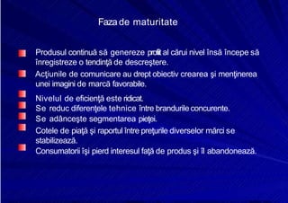 8/16/2019 6 Politica de Produs
http://slidepdf.com/reader/full/6-politica-de-produs 11/30
Fazade maturitate
Produsul continuă să genereze profiit al cărui nivel însă începe să
înregistreze o tendinţă de descreştere.
Acţiunile de comunicare au drept obiectiv crearea şi menţinerea
unei imagini de marcă favorabile.
Nivelul de eficienţă este ridicat.
Se reduc diferenţele tehnice între brandurileconcurente.
Se adânceşte segmentarea pieţei.
Cotele de piaţă şi raportul între preţurile diverselor mărci se
stabilizează.
Consumatorii îşi pierd interesul faţă de produs şi îl abandonează.
 