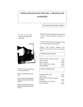 Política Nacional de Vivienda y derechos de
propiedad
Situación de la vivienda en el Perú
Perfil de vivienda urbana
Perfil de vivienda rural
 