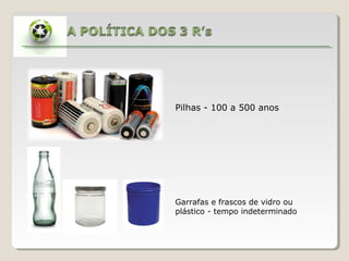 Pilhas - 100 a 500 anos




Garrafas e frascos de vidro ou
plástico - tempo indeterminado
 