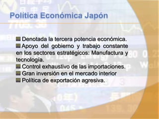 Denotada la tercera potencia económica.
Apoyo del gobierno y trabajo constante
en los sectores estratégicos: Manufactura y
tecnología.
Control exhaustivo de las importaciones.
Gran inversión en el mercado interior
Política de exportación agresiva.
 