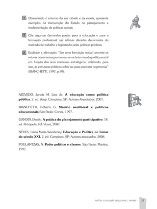 POLíTICA E LEGISLAÇÃO EDUCACIONAL | UNIDADE 1 27
Observando o entorno da sua cidade e da escola, apresente
exemplos da intervenção do Estado no planejamento e
implementação de políticas sociais.
Cite algumas demandas postas para a educação e para a
formação profissional nas últimas décadas decorrentes do
mercado de trabalho e legitimado pelas políticas públicas.
Explique a afirmação: “Em uma formação social concreta os
setores dominantes promovem uma determinada política social
em função dos seus interesses estratégicos, utilizando, para
isso, as estruturas políticas sobre as quais exercem hegemonia”
(BIaNCHETTI, 1997, p.89).
azEVEDO, Janete M. Lins de. A educação como política
pública. 2. ed. amp. Campinas, SP: autores associados, 2001.
BIaNCHETTI, Roberto G. Modelo neoliberal e políticas
educacionais.São Paulo: Cortez, 1997.
GaNDIN, Danilo. A prática do planejamento participativo. 14.
ed. Petrópolis, RJ: Vozes, 2007.
NEVES, Lúcia Maria Wanderley. Educação e Política no limiar
do século XXI. 2. ed. Campinas. SP: autores associados. 2008.
POULaNTzaS, N. Poder político e classes. São Paulo: Martins,
1997.
1
2
3
 