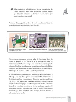 POLíTICA E LEGISLAÇÃO EDUCACIONAL | UNIDADE 3 71
Sabemos que as Políticas Sociais são de competência do
Estado, portanto, faça uma relação de políticas sociais
que são realizadas de modo efetivo no seu dia a dia e que
ocasionam bem-estar social.
analise as charges, posicionando-se de modo a justificar se há ou não
veracidade naquilo que é afirmado nas charges:
Primeiramente, precisamos conhecer a Lei de Diretrizes e Bases da
Educação Nacional, LDB 9.394/96 de 20 de dezembro de 1996, de
modo mais detalhado, uma vez que esta se constitui a carta magna da
educação brasileira, identificando a composição da Educação Básica,
ou seja: a Educação Infantil, o Ensino Fundamental, o Ensino Médio,
a Educação de Jovens e adultos e a Educação Especial.
a LDB estabelece dois níveis para a educação: Educação Básica e
Educação Superior. Uma grande novidade da LDB é no tocante a
flexibilidade de base e de processo. Conforme a análise de Nunes
(2002, p.7), esta flexibilidade corresponde ao fruto da elaboração do
Projeto Político Pedagógico que tem o propósito de dar autonomia
à escola e, com isso, permitir uma efetiva gestão participativa. O
interessante é que a comunidade e a escola tenham uma sintonia
na construção deste PPP, bem como o corpo docente, discente e
administrativo da escola.
1
Fonte: http://aishapoesiaearte.blogspot.comFonte: http://filosofialucas2804.blogspot.
com/2009/03/charges.html
Fonte: http://ozamirlima.blogspot.
com/2007/04/charge-ensino-pblico.html
 