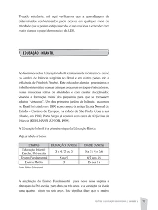 POLÍTICA E LEGISLAÇÃO EDUCACIONAL | unidade 3 73
Prezado estudante, até aqui verificamos que a aprendizagem de
determinados conhecimentos pode ocorrer em qualquer meio ou
atividade que a pessoa esteja inserida, e isso nos leva a entender com
maior clareza o papel democrático da LDB.
EDUCAÇÃO INFANTIL
Ao tratarmos sobre Educação Infantil é interessante mostrarmos como
os Jardins de Infância surgiram no Brasil e em outros países sob a
influência de Friedrich Froebel. Este educador alemão preconizava o
trabalho sistemático com as crianças pequenas em jogos e brincadeiras,
numa minuciosa rotina de atividades e com caráter disciplinador,
visando a formação moral dos pequenos para que se tornassem
adultos “virtuosos”. Um dos primeiros jardins de Infância existentes
no Brasil foi criado em 1896 como anexo à antiga Escola Normal do
Estado – Caetano de Campos, na cidade de São Paulo. Com a sua
difusão, em 1940, Porto Alegre já contava com cerca de 40 jardins da
Infância (KUHLMANN JÚNIOR, 1998).
A Educação Infantil é a primeira etapa da Educação Básica.
Veja a tabela a baixo:
ETAPAS DURAÇÃO (ANOS) IDADE (ANOS)
Educação Infantil:
Creche, Pré-escola
3 a 4 / 2 ou 3 0 a 3 / 4 e 5/6
Ensino Fundamental 8 ou 9 6/7 aos 14
Ensino Médio 3 15 aos 17
Fonte: Política Educacional
A ampliação do Ensino Fundamental para nove anos implica a
alteração da Pré-escola para dois ou três anos e a variação da idade
para quatro, cinco ou seis anos. Isto significa dizer que o ensino
 