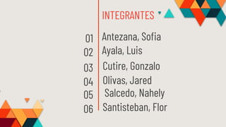 INTEGRANTES
Antezana, Sofia
02 Ayala, Luis
Cutire, Gonzalo03
04 Olivas, Jared
05
01
06 Santisteban, Flor
Salcedo, Nahely
 