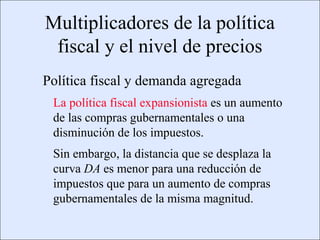 Multiplicadores de la política
                        fiscal y el nivel de precios
                      Política fiscal y demanda agregada
                            La política fiscal expansionista es un aumento
                            de las compras gubernamentales o una
                            disminución de los impuestos.
                            Sin embargo, la distancia que se desplaza la
                            curva DA es menor para una reducción de
                            impuestos que para un aumento de compras
                            gubernamentales de la misma magnitud.

Copyright © 2000 Pearson Educació n                                          Diapositiva 13-4
 
