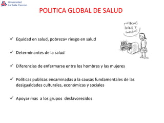 Equidad en salud, pobreza= riesgo en salud Determinantes de la salud Diferencias de enfermarse entre los hombres y las mujeres Políticas publicas encaminadas a la causas fundamentales de las desigualdades culturales, económicas y sociales Apoyar mas  a los grupos  desfavorecidos POLITICA GLOBAL DE SALUD 
