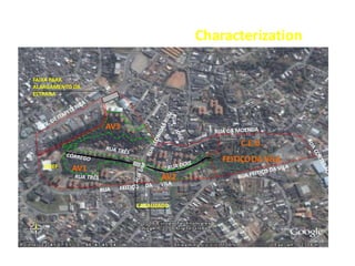 C.E.U.
FEITIÇODA VILA
AV1
AV3
AV2
EMEF
FAIXA PARA
ALARGAMENTO DA
ESTRADA
CANALIZADO
Characterization
PARQUE LINEAR FEITIÇO DA VILA
 
