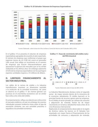 Gráfico 10. El Salvador: Volumen de Empresas Exportadoras




                  Fuente: Elaborado sobre la base de cifras de Banco Central de Reserva de El Salvador (BCR), 2010)


En el gráfico 10 se presenta el volumen de empresas                   Gráfico 11. Tasas de crecimiento del crédito real y
exportadoras agrupadas de acuerdo al valor exportado.                                 del PIB trimestral
El número de empresas que conforman el grupo que
exportan menos de US $100 mil, creció en promedio
3.8% anual. Esto refleja un incremento en el número
de empresas que buscan internacionalizarse para
aprovechar la apertura de mercados que se ha venido
realizando en los últimos años. Sin embargo solamente
el 4.6% de las empresas exportadoras son las que logran
exportar cantidades mayores a 10 millones de dólares.
´
D. LIMITADO FINANCIAMIENTO                                 AL
SECTOR INDUSTRIAL
Los saldos de la cartera de crédito a la industria
manufacturera muestran un dinamismo asociado                                   Fuente: Elaborado sobre la base de (BCR, 2010)
a la evolución de la actividad económica, tal como
se observa en el gráfico 11 de manera general. Los                  La Industria Manufacturera destaca como el segundo
ascensos en el crecimiento económico van en similar                 sector de mayor tamaño dentro de la estructura de
fase cíclica a los ciclos del crédito.                              la economía salvadoreña. El crédito bancario es la
                                                                    principal fuente de recursos ajenos para las empresas.
El comportamiento refleja una relación pro cíclica entre            En el crédito al sector privado, las carteras de consumo
el mercado crediticio y el real; sin embargo, los eventos           y adquisición de vivienda, fueron las de mayor
individuales proveen evidencia mixta sobre el tipo de               crecimiento en la banca salvadoreña hasta antes de la
asociación existente, sea una actividad procíclica o                crisis financiera internacional.
seguidora a la actividad económica.                                 Replicando el comportamiento observado en la región
                                                                    de América Latina, los bancos en El Salvador han
                                                                    impulsado con mayor fuerza el financiamiento de las
                                                                    actividades de consumo y adquisición de vivienda,


Ministerio de Economía de El Salvador                               26
 