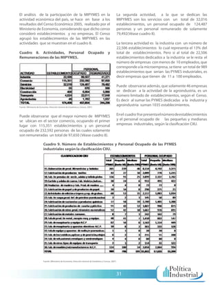 El análisis de la participación de la MIPYMES en la                                                           La segunda actividad, a la que se dedican las
actividad económica del país, se hace en base a los                                                           MIPYMES son los servicios con un total de 32,016
resultados del Censo Económico 2005, realizado por el                                                         establecimientos, un personal ocupado de 124,487
Ministerio de Economía, considerando que dicho censo                                                          personas y un personal remunerado de solamente
consideró establecimientos y no empresas. El Censo                                                            79,492(Véase cuadro 8).
agrupó los establecimientos de las MIPYMES en las
actividades que se muestran en el cuadro 8.                                                                   La tercera actividad es la industria con un número de
                                                                                                              22,506 establecimientos lo cual representa el 13% del
Cuadro 8. Actividades, Personal Ocupado y                                                                     total de establecimientos. Pero si al total de 22,506
Remuneraciones de las MIPYMES.                                                                                establecimientos dedicados a la industria se le resta el
                                                                                                              número de empresas con menos de 10 empleados, que
                                                                                                              corresponde a la microempresa, se tiene un total de 989
                                                                                                              establecimientos que serían las PYMES industriales, es
                                                                                                              decir empresas que tienen de 11 a 100 empleados.

                                                                                                              Puede observarse además, que solamente 46 empresas
                                                                                                              se dedican a la actividad de la agroindustria, es un
                                                                                                              número limitado de establecimientos, según el Censo.
                                                                                                              Es decir al sumar las PYMES dedicadas a la industria y
Fuente: (Ministerio de Economía. Dirección General de Estadística y Censos, 2007)
                                                                                                              agroindustria suman 1035 establecimientos.

Puede observarse que el mayor número de MIPYMES                                                               En el cuadro 9 se presenta el número de establecimientos
se ubican en el sector comercio, ocupando el primer                                                           y el personal ocupado de las pequeñas y medianas
lugar con 115,351 establecimientos y un personal                                                              empresas industriales, según la clasificación CIIU.
ocupado de 232,592 personas de las cuales solamente
son remuneradas un total de 97,650 (Véase cuadro 8).

                          Cuadro 9. Número de Establecimientos y Personal Ocupado de las PYMES
                          industriales según la clasificación CIIU.




                          Fuente: (Ministerio de Economía. Dirección General de Estadística y Censos, 2007)




                                                                                                              31
 