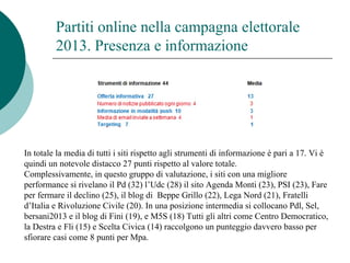 Partiti online nella campagna elettorale
2013. Presenza e informazione
In totale la media di tutti i siti rispetto agli strumenti di informazione è pari a 17. Vi è
quindi un notevole distacco 27 punti rispetto al valore totale.
Complessivamente, in questo gruppo di valutazione, i siti con una migliore
performance si rivelano il Pd (32) l’Udc (28) il sito Agenda Monti (23), PSI (23), Fare
per fermare il declino (25), il blog di Beppe Grillo (22), Lega Nord (21), Fratelli
d’Italia e Rivoluzione Civile (20). In una posizione intermedia si collocano Pdl, Sel,
bersani2013 e il blog di Fini (19), e M5S (18) Tutti gli altri come Centro Democratico,
la Destra e Fli (15) e Scelta Civica (14) raccolgono un punteggio davvero basso per
sfiorare casi come 8 punti per Mpa.
 