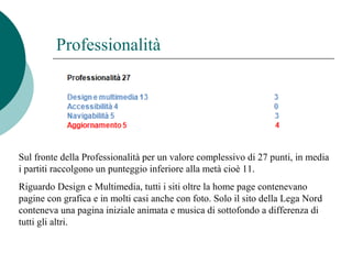 Professionalità
Sul fronte della Professionalità per un valore complessivo di 27 punti, in media
i partiti raccolgono un punteggio inferiore alla metà cioè 11.
Riguardo Design e Multimedia, tutti i siti oltre la home page contenevano
pagine con grafica e in molti casi anche con foto. Solo il sito della Lega Nord
conteneva una pagina iniziale animata e musica di sottofondo a differenza di
tutti gli altri.
 