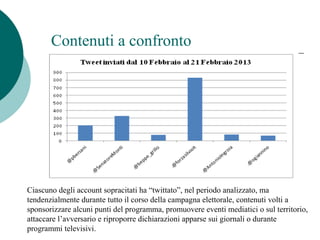 Contenuti a confronto
Ciascuno degli account sopracitati ha “twittato”, nel periodo analizzato, ma
tendenzialmente durante tutto il corso della campagna elettorale, contenuti volti a
sponsorizzare alcuni punti del programma, promuovere eventi mediatici o sul territorio,
attaccare l’avversario e riproporre dichiarazioni apparse sui giornali o durante
programmi televisivi.
 