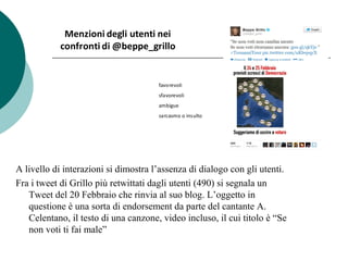 A livello di interazioni si dimostra l’assenza di dialogo con gli utenti.
Fra i tweet di Grillo più retwittati dagli utenti (490) si segnala un
Tweet del 20 Febbraio che rinvia al suo blog. L’oggetto in
questione è una sorta di endorsement da parte del cantante A.
Celentano, il testo di una canzone, video incluso, il cui titolo è “Se
non voti ti fai male”
Menzioni degli utenti nei
confronti di @beppe_grillo
favorevoli
sfavorevoli
ambigue
sarcasmo o insulto
 