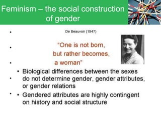 • Fascism
• Anarchism
• Feminism
• Green politics
• Cosmopolitanism
Feminism – the social construction
of gender
 