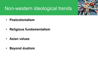 • Postcolonialism
• Religious fundamentalism
• Asian values
• Beyond dualism
Non-western ideological trends
 