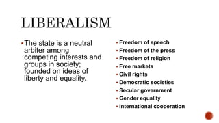 The state is a neutral
arbiter among
competing interests and
groups in society;
founded on ideas of
liberty and equality.
 Freedom of speech
 Freedom of the press
 Freedom of religion
 Free markets
 Civil rights
 Democratic societies
 Secular government
 Gender equality
 International cooperation
 