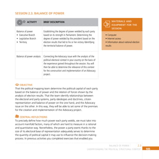 105
Understanding the Political Structural Context
SESSION 2.3. BALANCE OF POWER
ACTIVITY BRIEF DESCRIPTION
Balance of power
•  Executive Branch
•  Legislative Branch
•  Territory
Establishing the degree of power wielded by each party
based on its strength in Parliament. Determining the
degree of power wielded by the president based on the
election results that led to his or her victory. Identifying
the territorial balance of power.
Balance of power analysis Connecting the Advocacy issue with the analysis of the
political electoral context in your country on the basis of
the experience gained throughout the session.You will
then be able to determine the relevance of this context
for the construction and implementation of an Advocacy
project.
Objective
That the political mapping team determine the political capital of each party
based on the balance of power and the relation of forces shown by the
analysis of election results. That the team identify relationships between
the electoral and party systems, party ideologies and doctrines, citizen
representation and balance of power on the one hand, and the Advocacy
issue on the other. In this way, they will be able to set some of the premises
for the creation and implementation of the Advocacy project.
Central reflections
To precisely define how much power each party wields, we must take into
account manifold factors, many of which are hard to measure in a rational
and quantitative way. Nonetheless, the power a party exerts thanks to the
size of its electoral base of representation adequately serves to determine
the quantity of political capital it may use to influence the decision-making
process. In previous activities you completed exercises that enabled you
Computer
•
Internet access
•
Information about national election
•
results
materials and
equipment for the
session
2.3
balance of power
 