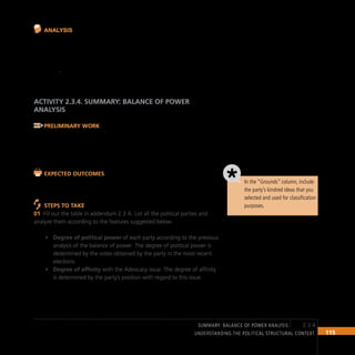 115
Understanding the Political Structural Context
ANALYSIS
In your analysis notebook, describe how the relation of forces among
parties in the territory creates opportunities or challenges to set forth the
Advocacy issue. Remember to base your description on the analysis carried
out in Session 2.2 on the ideology, social doctrine, and political platform of
each party.
ACTIVITY 2.3.4. Summary: Balance of Power
Analysis
Preliminary Work
You must read the questions in order to draft the arguments to answer
them. Gather as much information as possible on each party’s position
regarding the Advocacy issue. Bylaws, regulations, electoral platforms, bills,
and other documents may be useful.
Expected Outcomes
Tables and thoughts about the political context and about the relevance of
analyzing the balance of power for Advocacy projects
Steps to Take
Fill out the table in addendum 2.3 A. List all the political parties and
01
analyze them according to the features suggested below.
Degree of political power
• of each party according to the previous
analysis of the balance of power. The degree of political power is
determined by the votes obtained by the party in the most recent
elections.
Degree of affinity
• with the Advocacy issue. The degree of affinity
is determined by the party’s position with regard to this issue.
In the “Grounds” column, include
the party’s kindred ideas that you
selected and used for classification
purposes.
2.3.4
Summary: Balance of Power Analysis
 