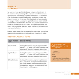 121
key actors
MODULE 3.
KEY ACTORS
Key actors are those specific individuals or institutions that intervene in
the decision-making process regarding public and general interest issues
at a certain time. The category “key actor” is ambiguous – it includes an
array of people who move in different levels and spheres and who have
different interests. For the purpose of this handbook, we have subdivided
this category into two subcategories – political and social actors. Political
actors are those who hold public office with legal power to make decisions
connected with the Advocacy issue. Social actors are individuals and civil
society organizations that bear some degree of influence over the decisions
made by political actors.
With the analysis of key actors you will finish the political map. You will then
have all the necessary elements to start developing your Advocacy project.
SESSION 3.1. Political Actors
ACTIVITY BRIEF DESCRIPTION
Executive Branch Identifying the people who occupy the key posts established
in Activity 1.3.1 at the time of the mapping. Determining their
position, weight, and interest regarding the Advocacy issue.
Legislative Branch Identifying the people who occupy the key posts established
in Activity 1.4.2 at the time of the mapping. Determining their
position, weight, and interest regarding the Advocacy issue.
Other political actors Identifying other actors who are part of the political system
(that is, public officials and congressmen and women) who
bear a certain degree of influence over the actors chosen
in those activities. Determining their position, weight, and
interest regarding the Advocacy issue.
3.1
political actors
Computer
•
Internet access
•
Pen
•
Paper
•
Information about Executive Branch
•
officials and about Parliament members
materials and
equipment for the
session
 