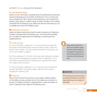 127
key actors
ACTIVITY 3.1.2. Legislative Branch
Preliminary Work
Gather as much information as possible about the professional, educational,
and personal background of members of Parliament. Focus on those who
have a predominant role in decision-making processes, such as parliament
speakers, party whips, or coalition heads, as well as members of committees
connected with the Advocacy issue. Make sure that the information you use
is verifiable and comes from reliable sources.
Expected Outcomes
Tables and relevant data concerning the career and positions of Parliament
members connected with the Advocacy issue. This information will allow
you to analyze the opportunities and challenges of working with the
Legislative Branch.
Steps to Take
Fill out the tables in addendum 3.1.2 A with information about the
01
party whip of each political party and about coalition heads. Create one
table for each chamber. You must identify one leader for each party, and
one for each coalition or alliance.
Fill out addendum 3.1.2 B with information about Parliament members
02
who are part of the legislative committees chosen in addendum 1.4.2 B
Committees Connected with the Advocacy Issue. Separate lower-house
from upper-house committees.
Fill out the table in addendum 3.1.2 C with the names of Parliament
03
members identified in the previous tables. Determine their positions
regarding the Advocacy issue.
Analysis
Write a final summary of this activity in your analysis notebook. Based
on the tables you have just drawn and on the analysis you carried out in
Activity 2.3.3 Balance of Power. Legislative Branch, assess the relation of
forces in Parliament with regard to the Advocacy issue.
When designing the Advocacy project, if
you decide that Parliament must be the
target audience you must analyze it in
more detail.
NOTES
Some useful sources for this
activity are journalistic reports,
interviews, electoral platforms,
and speeches and statements
by the chosen political actors in
connection with the Advocacy
issue.
3.1.2
legislative BRANCH
 