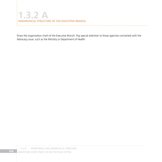 IDENTIFYING ENTRY POINTS TO THE POLITICAL SYSTEM
154
Draw the organization chart of the Executive Branch. Pay special attention to those agencies connected with the
Advocacy issue, such as the Ministry or Department of Health.
1.3.2 A
Hierarchical structure of the Executive Branch
OPERATIONAL AND HIERARCHICAL STRUCTURE
1.3.2 A
 