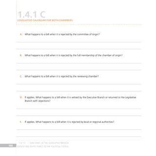 IDENTIFYING ENTRY POINTS TO THE POLITICAL SYSTEM
166
1.4.1 C
Legislative Calendar for both chambers
What happens to a bill when it is rejected by the committee of origin?
A.
What happens to a bill when it is rejected by the full membership of the chamber of origin?
B.
What happens to a bill when it is rejected by the reviewing chamber?
C.
If applies. What happens to a bill when it is vetoed by the Executive Branch or returned to the Legislative
D.
Branch with objections?
If applies. What happens to a bill when it is rejected by local or regional authorities?
E.
FUNCTIONS OF THE LEGISLATIVE BRANCH
1.4.1 C
 