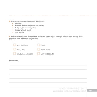 191
Understanding the Political Structural Context
Establish the political party system in your country
D
Two-party
•
Moderate pluralism (fewer than five parties)
•
Multi-party (five or more parties)
•
State party (single party)
•
Other (specify)
•
Rate the level of political representation of the party system in your country in relation to the makeup of the
E
population. Give the reasons for your rating.
Explain briefly.
Very adequate POOR
Adequate Inadequate
Somewhat adequate Very inadequate
electoral and party systems 2.1.1 B
 