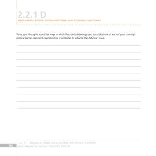 Understanding the Political Structural Context
200
2.2.1 D
IDEOLOGICAL STANCE, SOCIAL DOCTRINE, AND POLITICAL PLATFORMS
Write your thoughts about the ways in which the political ideology and social doctrine of each of your country’s
political parties represent opportunities or obstacles to advance the Advocacy issue.
IDEOLOGICAL STANCE, SOCIAL DOCTRINE, AND POLITICAL PLATFORMS
2.2.1 D
 