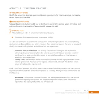 59
IDENTIFYING ENTRY POINTS TO THE POLITICAL SYSTEM
ACTIVITY 1.5.1. TERRITORIAL STRUCTURE I
Preliminary Work
Identify the names that designate government levels in your country, for instance, province, municipality,
canton, district, and township.
Expected outcomes
Tables and statements that will enable you to identify entry points to the political system at the local level
and to understand the articulation of laws and public policy at this level
Steps to Take
Fill out addendum 1.5.1 A, which refers to territorial divisions.
01
Definitions of the various territorial organization models
A.
As is the case with forms of government, each country’s territorial organization is peculiar to its history,
development, and consolidation as a nation. However, there are general features that serve to group and
classify countries according to their territorial structure and organization.
Federated state or Federation.
• The territory is divided into sovereign states or provinces
with a high degree of autonomy from the national government. States or provinces have their
own branches of government and the power to pass local laws, as long as these laws are in
agreement with national laws.
Unitary state.
• The territory is divided into states or provinces that are highly dependent on the
national government. Provinces cannot legislate autonomously, although they do have certain
power to legislate at the regional level.
In the case of both federated and unitary states, there are several subsidiary concepts that may combine
to grant special features to the territorial configuration of a country. Among the most common ones are
the following:
Autonomy.
• It refers to the existence of regions that are largely independent from the national
government regarding both political and budget management matters. Some autonomous
regions have the capacity to legislate, and others do not.
territorial structure I 1.5.1
 