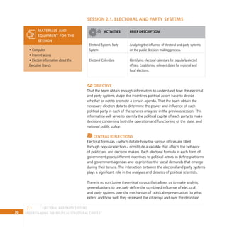 70 Understanding the Political Structural Context
SESSION 2.1. Electoral and Party Systems
ACTIVITIES BRIEF DESCRIPTION
Electoral System, Party
System
Analyzing the influence of electoral and party systems
on the public decision-making process.
Electoral Calendars Identifying electoral calendars for popularly elected
offices. Establishing relevant dates for regional and
local elections.
Objective
That the team obtain enough information to understand how the electoral
and party systems shape the incentives political actors have to decide
whether or not to promote a certain agenda. That the team obtain the
necessary election data to determine the power and influence of each
political party in each of the spheres analyzed in the previous session. This
information will serve to identify the political capital of each party to make
decisions concerning both the operation and functioning of the state, and
national public policy.
Central Reflections
Electoral formulas – which dictate how the various offices are filled
through popular election – constitute a variable that affects the behavior
of politicians and decision makers. Each electoral formula in each form of
government poses different incentives to political actors to define platforms
and government agendas and to prioritize the social demands that emerge
during their tenure. The interaction between the electoral and party systems
plays a significant role in the analyses and debates of political scientists.
There is no conclusive theoretical corpus that allows us to make analytic
generalizations to precisely define the combined influence of electoral
and party systems over the mechanism of political representation (to what
extent and how well they represent the citizenry) and over the definition
electoral and party systems
2.1
Computer
•
Internet access
•
Election information about the
•
Executive Branch
materials and
equipment for the
session
 