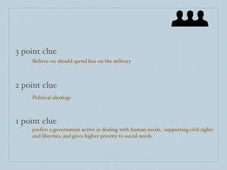 3 point clue
    Believe we should spend less on the military



2 point clue
    Political ideology



1 point clue
    prefers a government active in dealing with human needs, supporting civil rights
    and liberties, and gives higher priority to social needs.
 