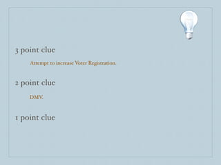 3 point clue
    Attempt to increase Voter Registration.


2 point clue
    DMV.



1 point clue
 