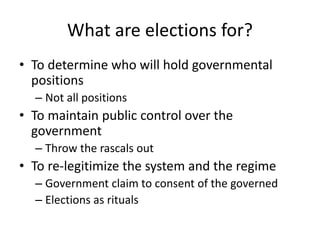 What are elections for?
• To determine who will hold governmental
positions
– Not all positions
• To maintain public control over the
government
– Throw the rascals out
• To re-legitimize the system and the regime
– Government claim to consent of the governed
– Elections as rituals
 