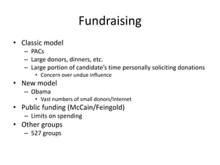 Fundraising
• Classic model
– PACs
– Large donors, dinners, etc.
– Large portion of candidate’s time personally soliciting donations
• Concern over undue influence
• New model
– Obama
• Vast numbers of small donors/Internet
• Public funding (McCain/Feingold)
– Limits on spending
• Other groups
– 527 groups
 