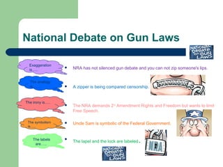 National Debate on Gun Laws
Exaggeration
is…..



NRA has not silenced gun debate and you can not zip someone's lips.



A zipper is being compared censorship.



The NRA demands 2nd Amendment Rights and Freedom but wants to limit
Free Speech.

The symbolism
is…..



Uncle Sam is symbolic of the Federal Government.

The labels
are…..



The lapel and the lock are labeled

The analogy
is…….

The irony is…..

.

 