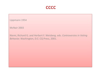 cccc

Lippmann 1954

McNair 2003

Niemi, Richard G. and Herbert F. Weisberg. eds. Controversies in Voting
Behavior. Washington, D.C: CQ Press, 2001.
 