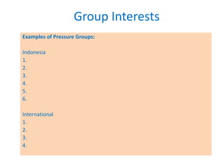 Group Interests
Examples of Pressure Groups:

Indonesia
1.
2.
3.
4.
5.
6.

International
1.
2.
3.
4.
 