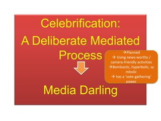 Celebrification:
A Deliberate Mediated
                      Planned
       Process    Using news-worthy /
                camera-friendly activities
               Bombastic, hyperbolic, sy
                        mbolic
                 has a ‘vote-gathering’
                         power

   Media Darling
 